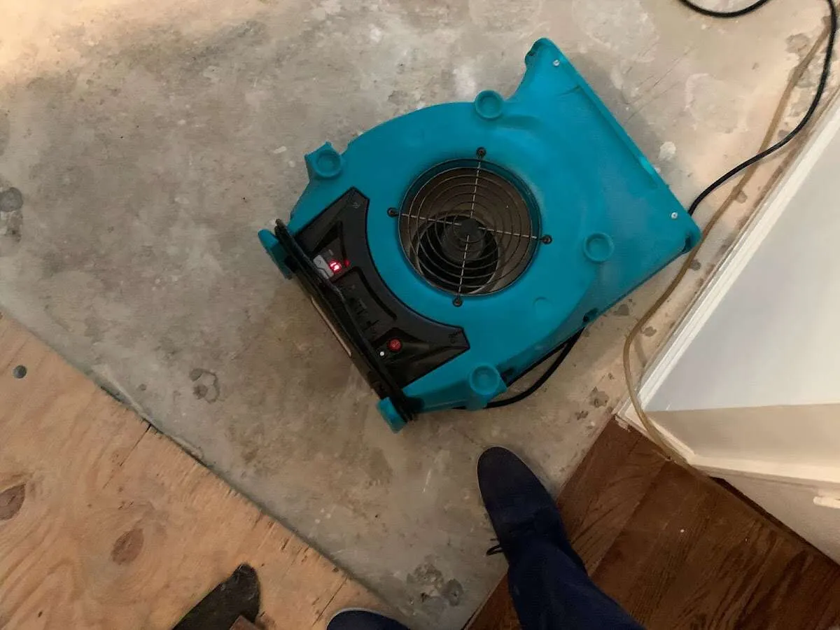 Air mover drying subfloor during Leak Detection & Repair in Tomball